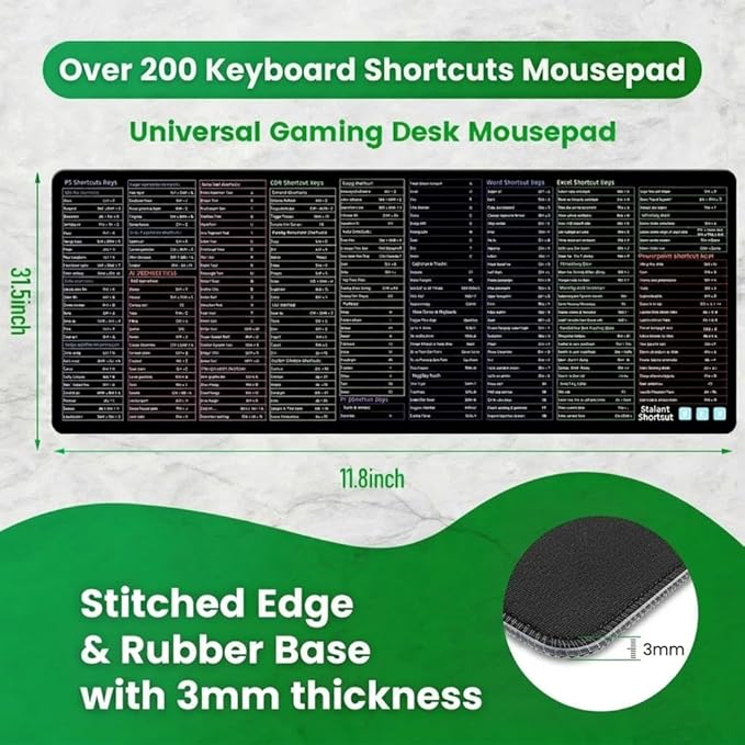 Excel/Word/Power Point/Windows Mouse Pad (31.5"x11.8") Over 200 Keyboard Shortcuts Mousepad Non-Slip & Waterproof Large Gaming Office PC – Compatible with PS/AI/CDR/PR