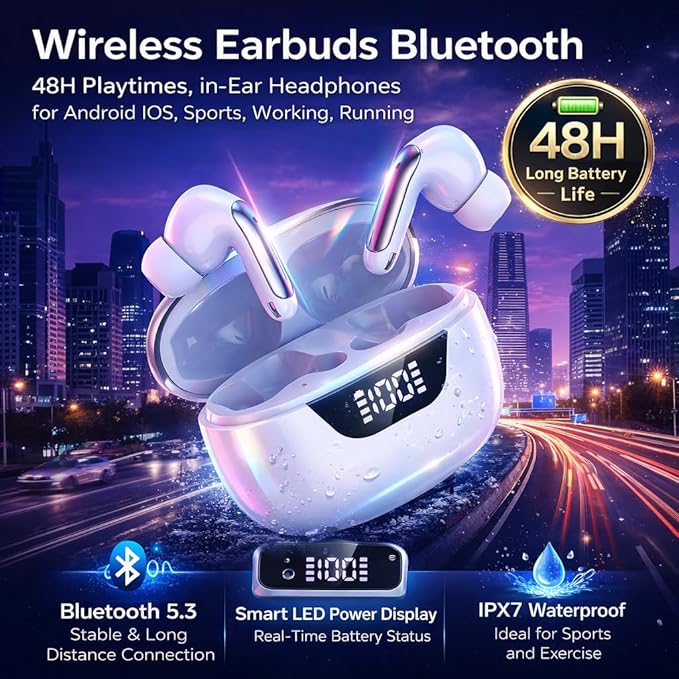 Wireless Earbuds Bluetooth 5.3, 48H Playtime LED Power Display, IPX7 Waterproof Stereo Earphones in-Ear Bluetooth Headphones Android IOS Noise Cancelling Mic for Sports,Phone,Tablet,Laptop(White)