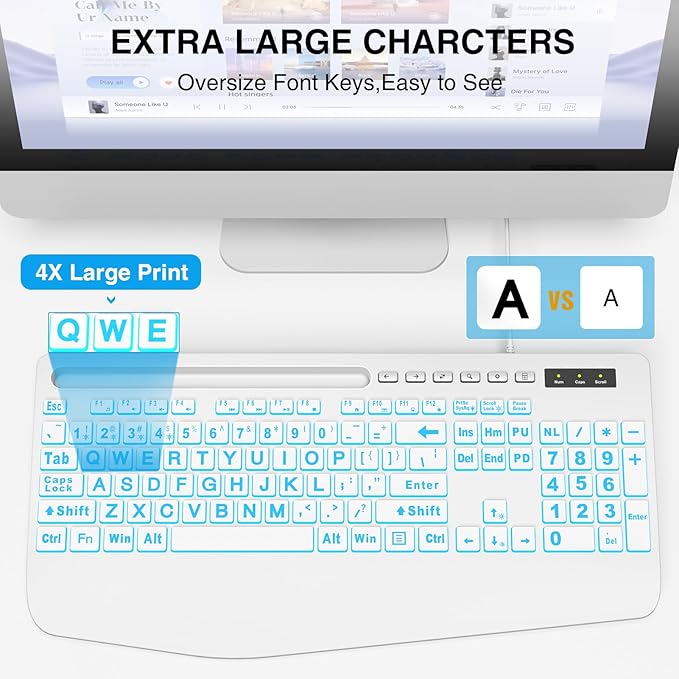 SABLUTE K21Pro Large Print Backlit Computer Keyboards, Wired Lighted USB Keyboards with 7-Color Backlit, Wrist Rest, Phone Holder, Easy to Read and Type for Laptop, PC, Windows, Desktop (White)