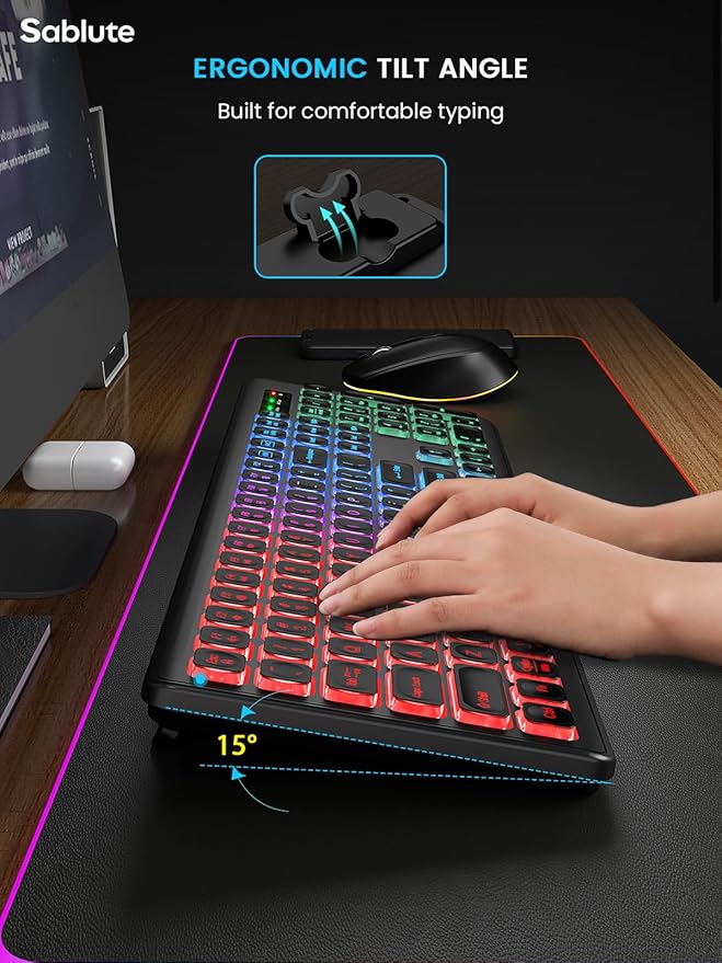 SABLUTE Wireless Keyboard and Mouse Backlit, Quiet Light Up Keys, Tilt Legs, Sleep Mode - Rechargeable USB Cordless Combo for Computer, iMac, PC, Laptop (Black)