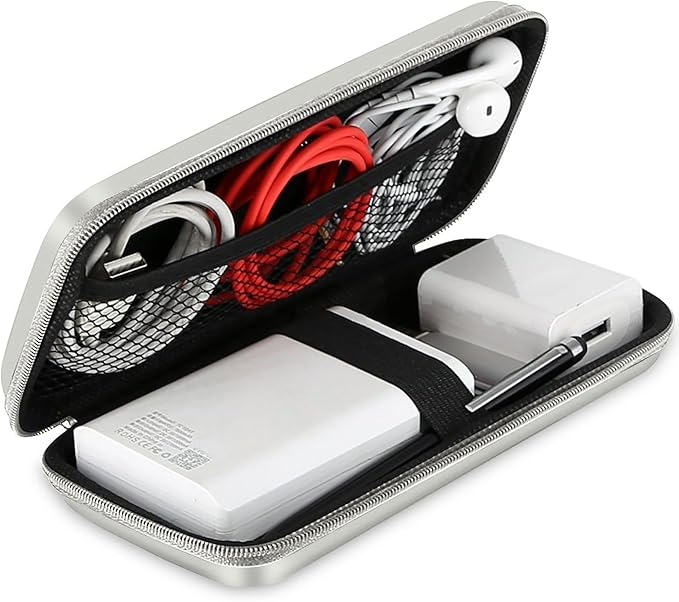 iMangoo Travel Essential Electronics Organizer Charger Case, Shockproof Dual Zipper Power Bank Cables Tech Accessories Pouch Purse, Men & Women Travel Must Have Storage Bag, 6.5x3.2x1 inch Silver