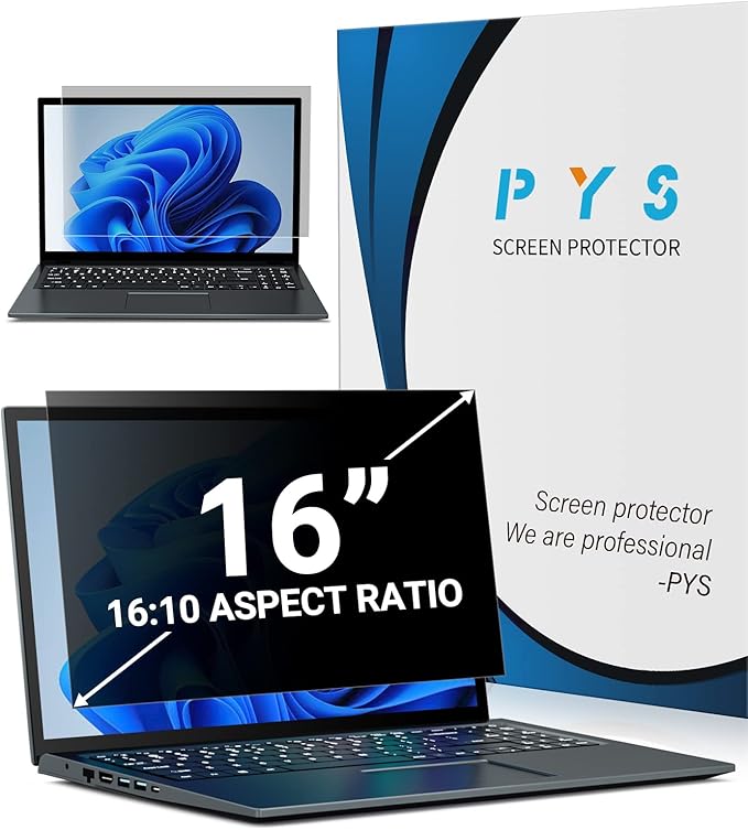 PYS Laptop Privacy Screen 16 Inch - Removable Laptop Screen Privacy Shield for 16:10 Widescreen Display - Anti Glare & Blue Light Screen Filters for Eye Protection - Black