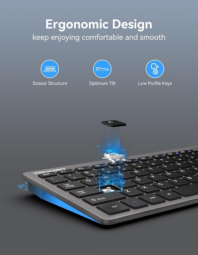 TECKNET 2.4G Wireless Keyboard, Small Wireless Keyboard with Media Hotkeys, Mini Keyboard Compact Wireless Keyboard, 12-Month Battery Life, Compatible with PC, Desktop, Laptop, Smart TV - Grey