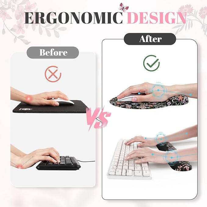 iCasso Desk Mat Set,Large Mouse Pad with Wrist Rest,Ergonomic Keyboard Wrist Support for Women,Girly Floral Computer Mat with Scalloped Edges,Non-Slip Desk Pad Home Office Gaming (Black)