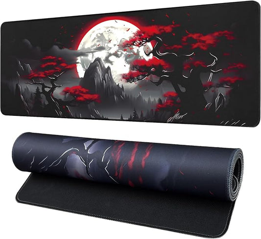 Large Gaming Mouse Pad, Anime Black Mousepad with with Non-Slip Base, Expanded Cool Desk Mat, Mountain Moon Scenery XL Keyboard Mat Suitable for Home Office,31.5 X 11.8 Inch