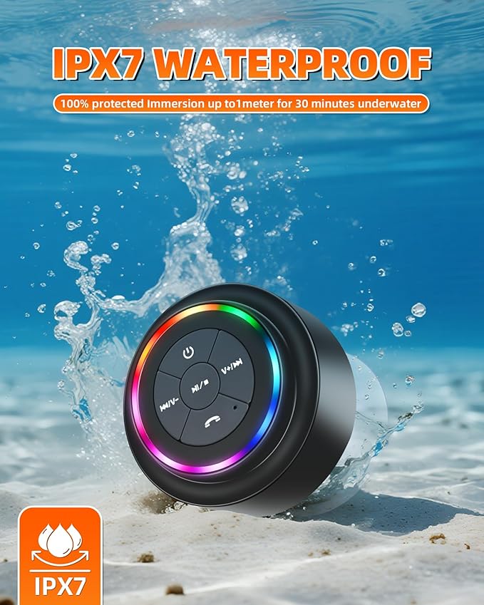 Waterproof Bluetooth Shower Speaker, Portable Wireless Speaker with Suction Cup, Small Portable Wireless Outdoor Speakers, 6 Mode RGB Lights, for Shower Bathroom Pool Beach, Gift Ideas for Christmas