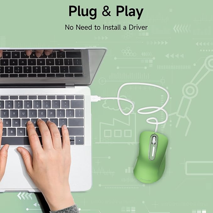 memzuoix Wired Mouse, USB Computer Mouse 1400 DPI Mobile Optical Mouse Ergonomic Design Computer Mice with 5FT Cord for Laptop, PC, Desktop, MacBook, 5 Buttons (Green)
