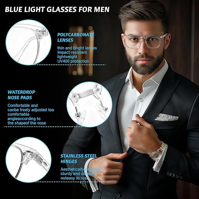 Blue Light Glasses Men and Woman, 99% Blue Light Blocking Glasses for Computer Gaming TV Phone Screen Half Frame