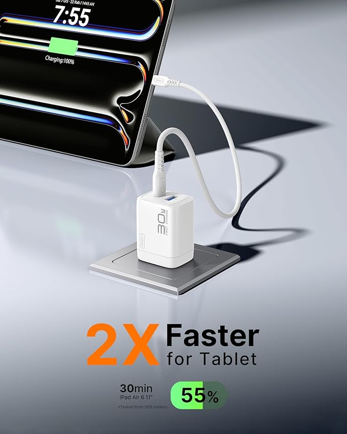 INIU for iPad Air Pro Charger, 30W PD QC Fast Charging, Dual Port Foldable iPad Charger with Black Cable, GaN Tech USB C Power Adapter for iPhone 17 16 Pro Max, iPad 11 Air, Kindle Samsung S25 White