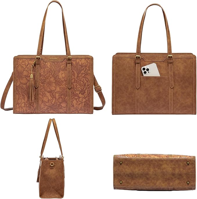 LOVEVOOK Laptop Bag for Women Vintage Leather Work Tote 15.6 inch Large Capacity Computer bag with Clutch Purse for Office, Travel, Casual