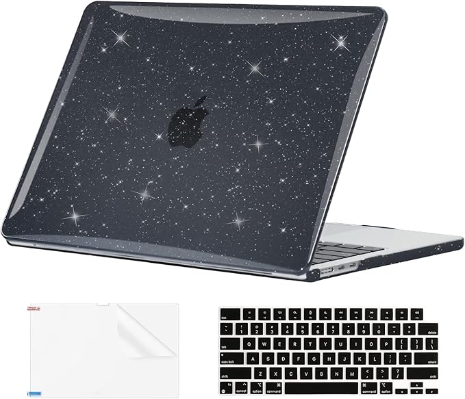 EooCoo Case Compatible with MacBook Air 13 inch M5 2026-2022 Release M4 M3 M2 A3449 A3240 A3113 A2681, Glitter Hard Shell&Keyboard Skin Cover&Screen Protector for Mac Air 13.6 inch, Sparkly Black