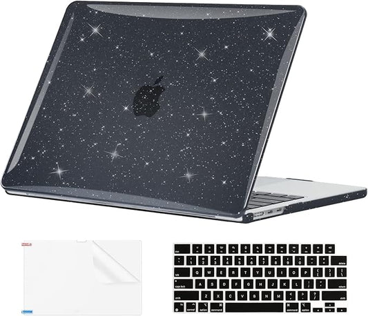 EooCoo Case Compatible with MacBook Air 13 inch M5 2026-2022 Release M4 M3 M2 A3449 A3240 A3113 A2681, Glitter Hard Shell&Keyboard Skin Cover&Screen Protector for Mac Air 13.6 inch, Sparkly Black