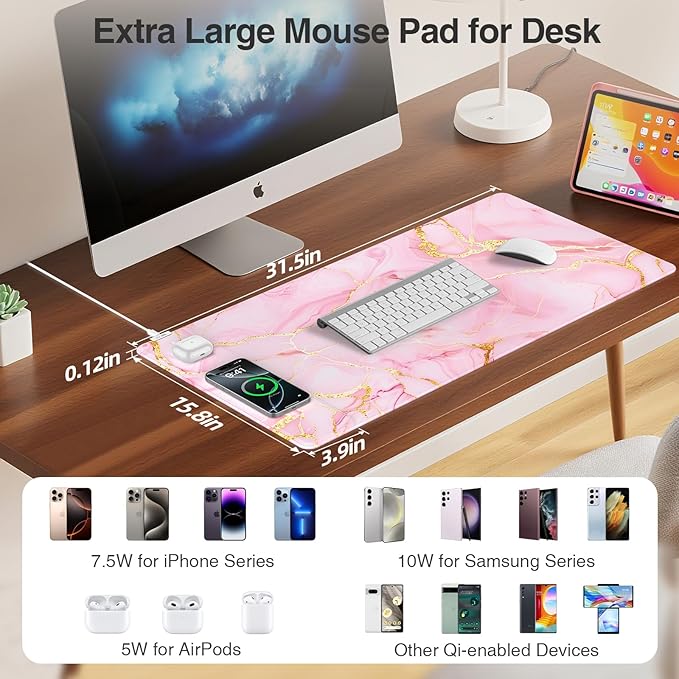 Pink Marble Mouse Pad with 15W Wireless Charging, 31.5"x15.8" Large Gaming Desk Pad/Mat for Women Girls, Waterproof Ultra-Smooth Surface, Non-Slip Base