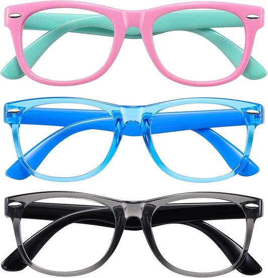 Okany Blue Light Glasses for Kids 3 Pack Blue Light Blocking Glasses for Teen Boys Girls Age 3-10,Computer Screen Gaming TV Phone Glasses Anti Glare,UV & Eye Strain (Grey Black+Pink Green+Blue)