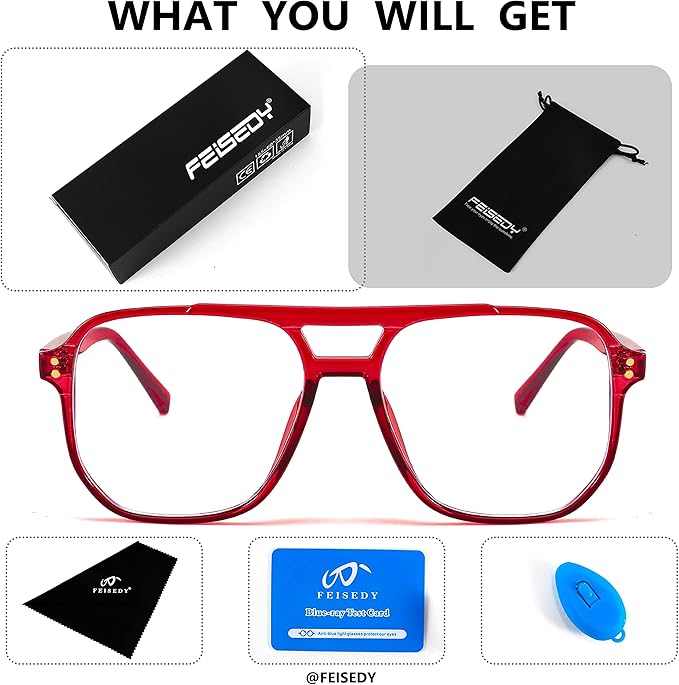 FEISEDY Blue Light Blocking Glasses Fake Nerd Clear Square Computer Lightweight Pilot Glasses Frame Oversized B2866