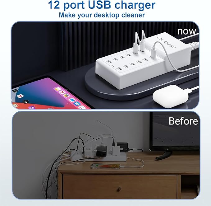 USB Charging Station, 50W Charging Block with 12 Type-C Multiple Ports Power USB Strip Multiport Charging Block Compatible with iPhone 13/14/15/16/Smartphone/Tablets/Watch/Headphones