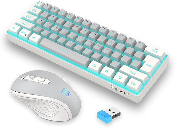 Snpurdiri 2.4G Wireless Gaming Keyboard and Mouse Combo, Include Mini 60% Mechanical Feel RGB Backlit Keyboard, Ergonomic Vertical Feel Small Wireless Mouse(White and Grey)