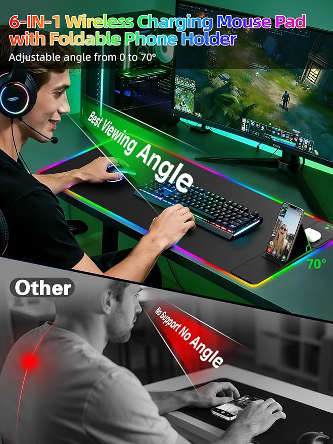 Mouse Pad with Adjustable Phone Stand Dual Wireless Charger, 15W Fast Charging Desk Mat, Extra Large 31.5x15.75 Waterproof Desk Pad for iPhone Samsung Air-Pods, Gaming Mousepad w/ 11&4 RGB
