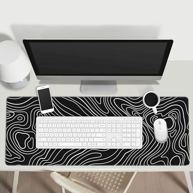 Topographic Map Black Gaming Mouse Pad Desk Mat for Home and Office, Large Mousepad Extended Keyboard Pad Stitched Edge Accessories Decor