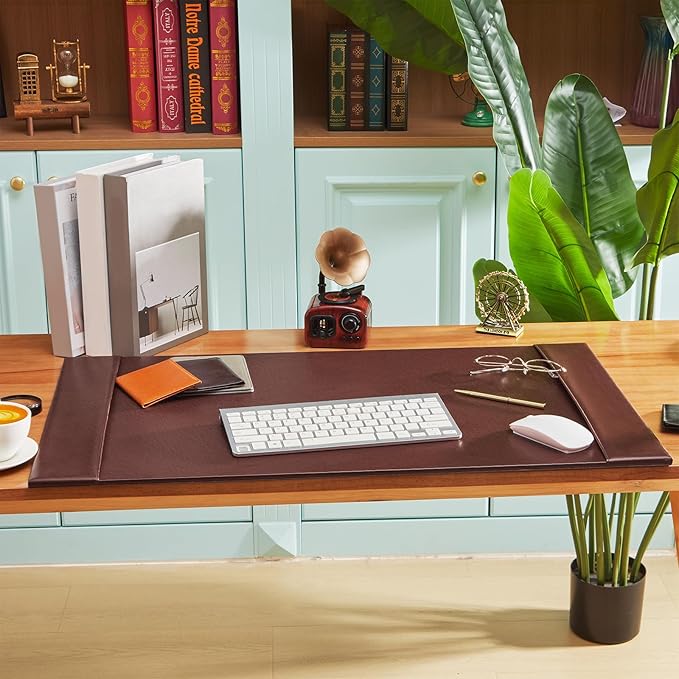 Leather Desk Pad Protector 30" x 18" Leather Desk Blotter with Side Rails Desk Mat for Office Home Workplace Desktop Writing Board Christmas Gifts for Dad Husband(Brown)