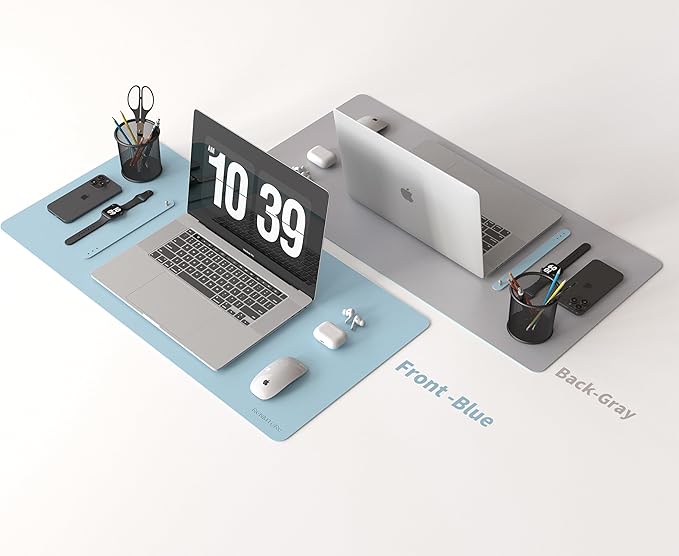 RENMTURE Double-Sided Two-Tone Faux Leather Desk mat Desktop Organization and Accessories Home and Office Large Mouse pad Game and Work (Blue/Gray, 32"x16")