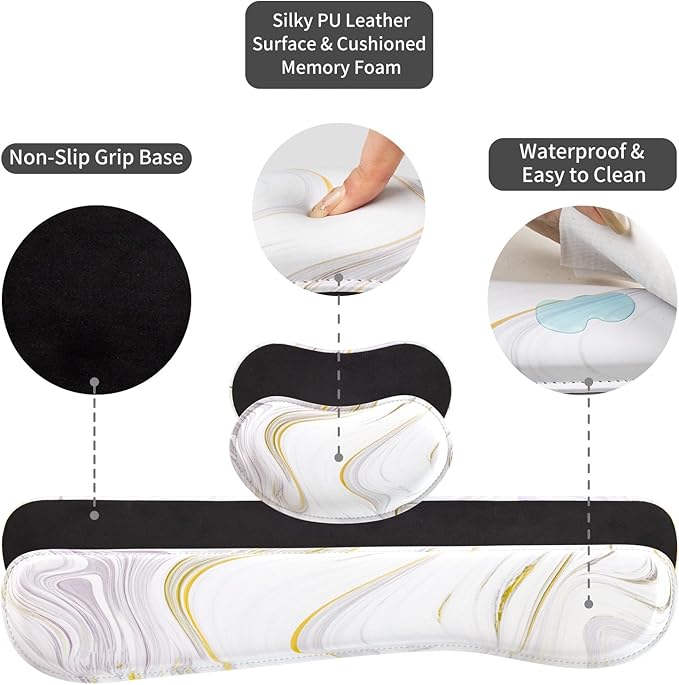 QiyI Leather Desk Mat Set, 4-in-1 Large Mouse Pad with Wrist Rest, Non-Slip Desk Pad + Keyboard Wrist Rest + Mouse Wrist Support + Coaster, Office Desk Accessories Home Decor Supplies, White Marble