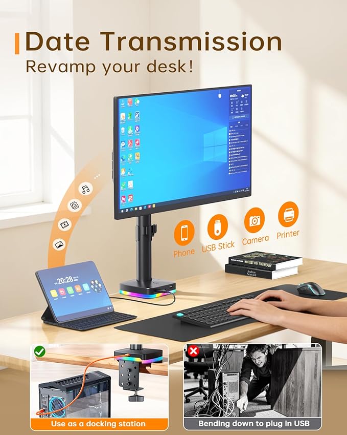 Afaloona RGB Single Monitor Desk Mount, Monitor Arm with 3 USB Ports, Charging and USB Data Transfer Function, Desk Mount for 13"-27" Monitors up to 17.6lbs, Adjustable Height, Tilt, Swivel, Rotate