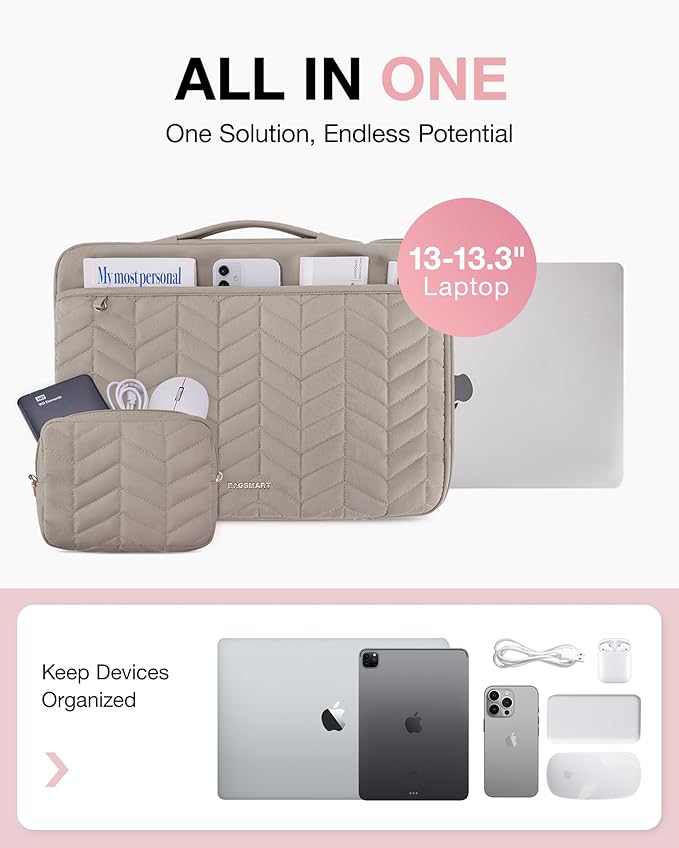 BAGSMART Laptop Case with Handle, Puffy Padded Laptop Bag Sleeve for Women, Portable MacBook Air/Pro Computer Case, 13-14 inch, Warm Gray