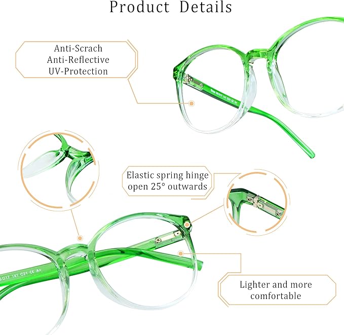 LifeArt Round Blue Light Blocking Glasses, Computer Glasses, Gaming Glasses, TV Glasses for Women Men (Clear Green, 0.50 Magnification)