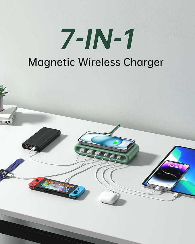 7-in-1 USB C Charging Station, 135W GaN 3.0 with 45W PD USB-C, 18W QC3.0 USB-A & 10W Magnetic Wireless Charger, Charge 7 Devices Simultaneously for iPhone 12-16/Samsung/MacBook/AirPods