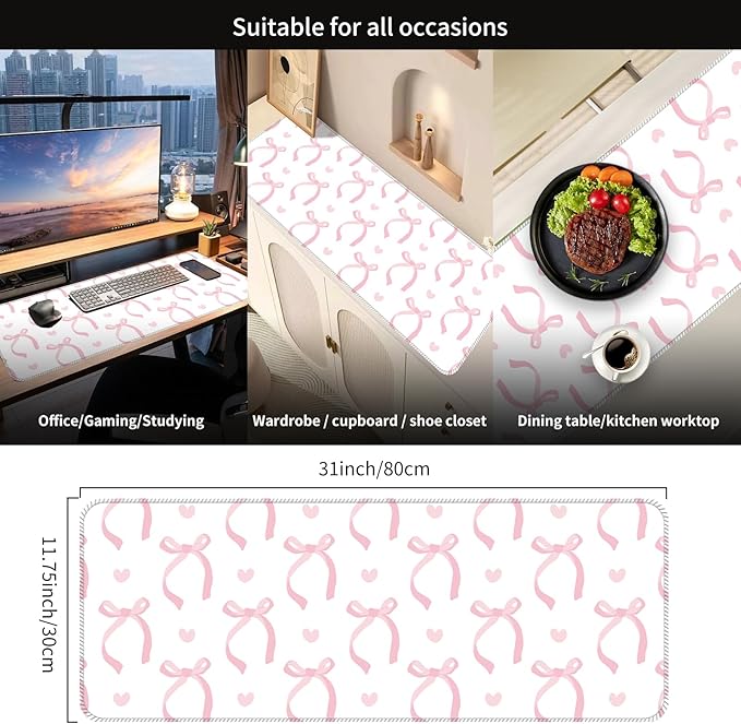 Desk Mat,Big Desk Pad,31.5 x 11.5in Extended Gaming Mouse Pad,Large Mouse Pad for Desk Rubber Base Mousepad with Stitched Edges,Keyboard Mouse Mat for Work Game Office Home - Pink Bow Tie