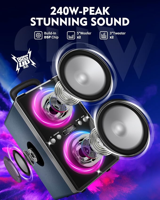 Bluetooth Speaker, 240W Peak Loud Party Speaker with Big Bass, 20H Playtime, TWS, BT5.3, Large Portable Wireless Boom Box with LED Light for Outdoor Backyard Beach Home (Leather Blue)