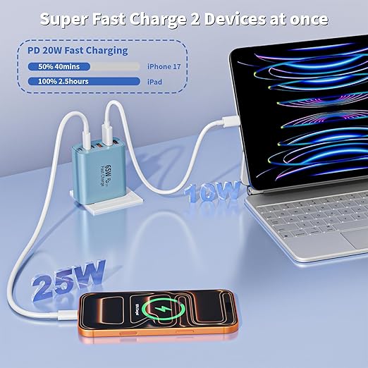 2Pack 65W USB C Charger Block,6-Port USB C Wall Charger Fast Charging,PD Type C Plug Adapter+QC Plug Compatible with Apple iPhone 17 17Air 16E 16Pro Max 16 15 14 13 12 11 XS Max,iPad Pro,AirPods,Blue.