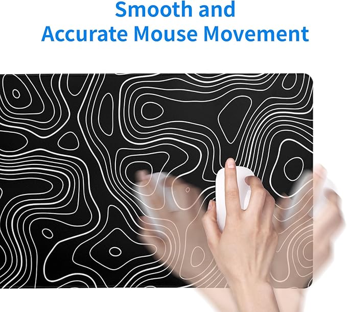 Topographic Contour Gaming Mouse Pad Black Large Mouse Pad for Keyboard and Mousepad Desk Mat with 3mm Non-Slip Base and Stitched Edge for Gaming and Office Computer Mat Protector Mat 27.6x11.8 Inch