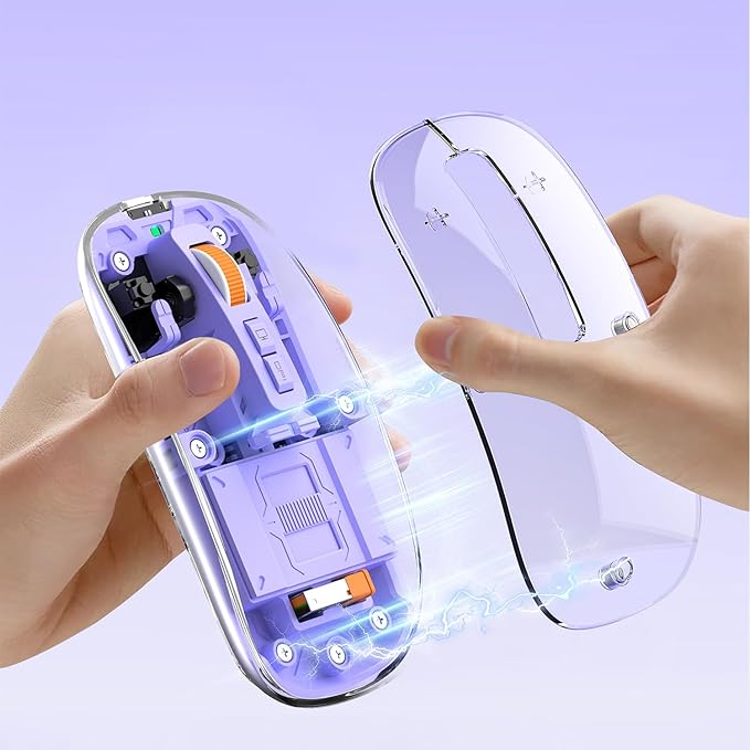 Creative Transparent Slim Wireless Mouse - Magnetic Cover, 3-Mode (Dual Bluetooth + USB), Rechargeable, One-Click Desktop, for MacBook/pc/iPad/Laptop (Purple)