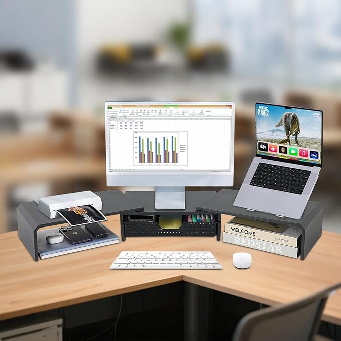 LEKETREE Dual Monitor Stand Riser with Drawer, Computer Stand for Desk, Workspace Desktop Stand, Desk Organizer for Computer, Laptop, TV and More (Black)