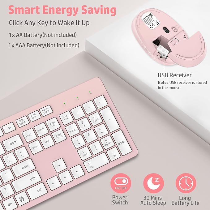 LeadsaiL Pink Wireless Keyboard and Mouse Combo, Full-Sized Ergonomic Computer Keyboard, 2.4GHz Cordless Keyboard Silent Mouse Set with 2-in-1 USB Receiver, 12 FN Shortcuts for Windows Laptop, PC/Mac