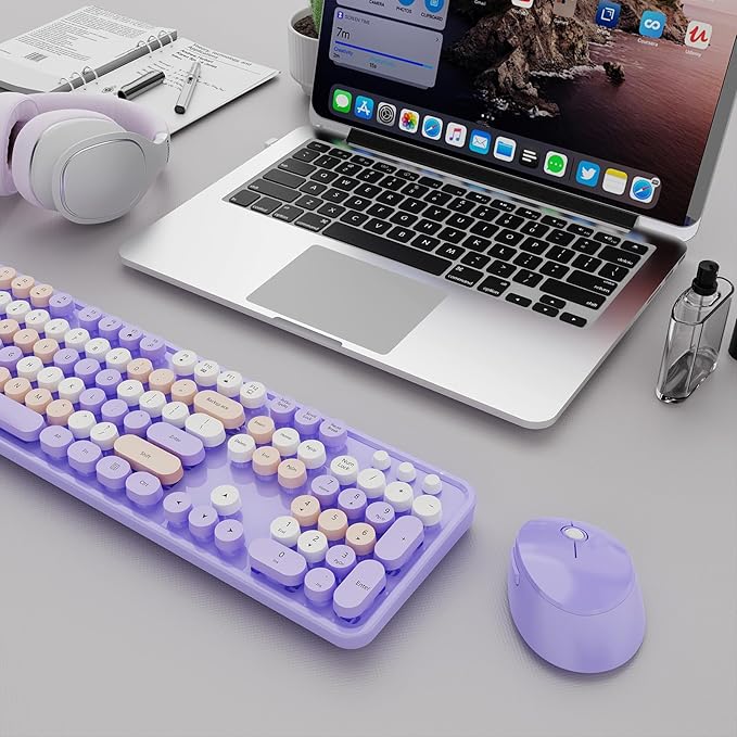 Wireless Keyboard and Mouse Combo, Ergonomic Full Size Typewriter Retro Round Keycaps Keyboard, Compatible with Windows, PC, Perfer for Home and Office Keyboards (Purple