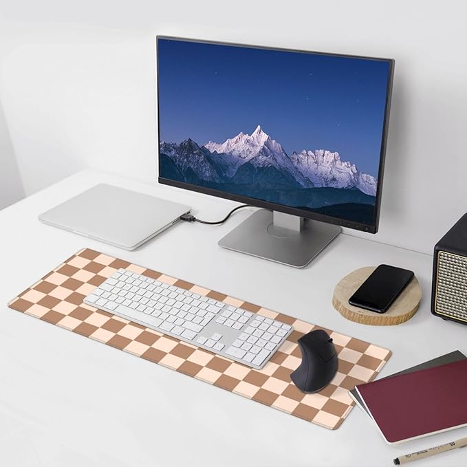 Checkered Brown Gaming Mouse Pad Desk Mat for Home and Office, Large Mousepad Extended Keyboard Pad Stitched Edge Accessories Decor