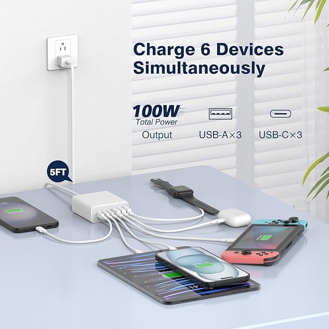 USB C Fast Charger Block, 100W GaN 6 Port PD USB C Wall Charging Station Hub, Type C Power Adapter Plug Cube Brick Box for Apple iPhone 17 16 15 14 13 12 Pro Max,iPad, MacBook Pro/Air/, Samsung Galaxy