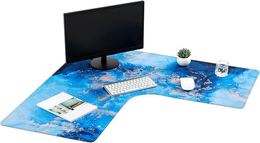 L Shaped Desk Mat for Corner, Large Extended Mouse Pad with Non-Slip Rubber Base, Blue Waterproof Desk Protector for Office & Gaming Setup