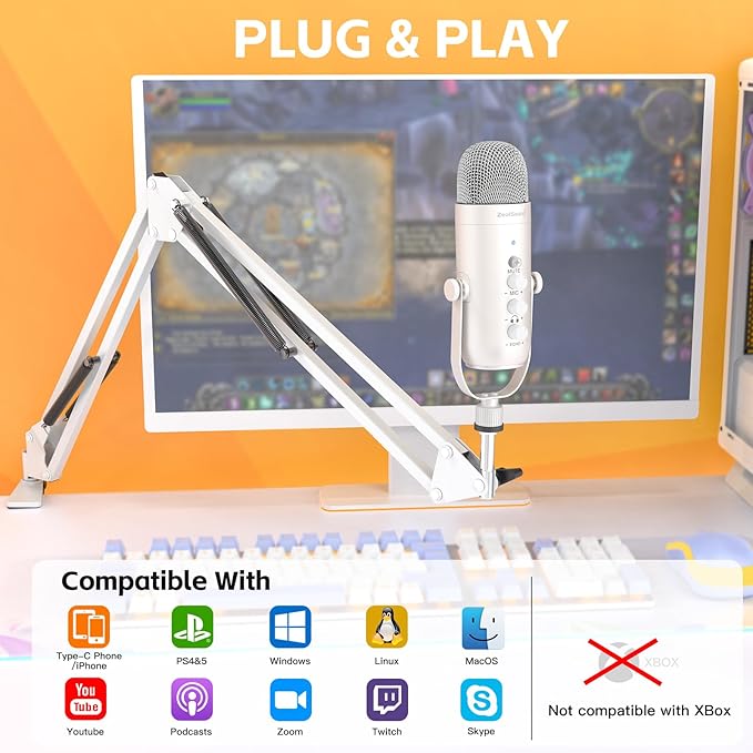 ZealSound Gaming Microphone for PC, USB Podcast Microphone with Noise Reduction, Mute & Gain Control, Zero-Latency Monitoring, Echo Control, Boom Arm, for Mac, iPhone, Stream, YouTube, TikTok (White)