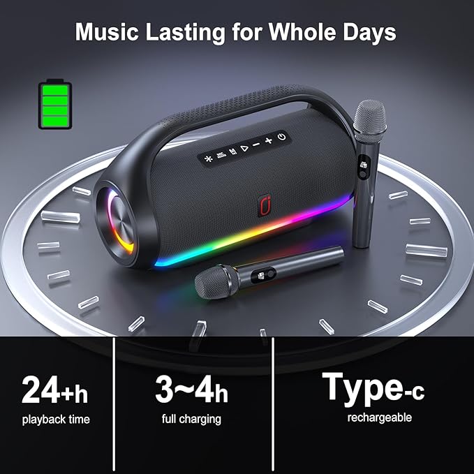 Portable Bluetooth Speaker with 2 Wireless Microphones, IPX5 Waterproof Speakers with Deep Bass & LED Lights, Loud Stereo Portable Speaker for Outdoor Indoor Home Parties Hiking Camping