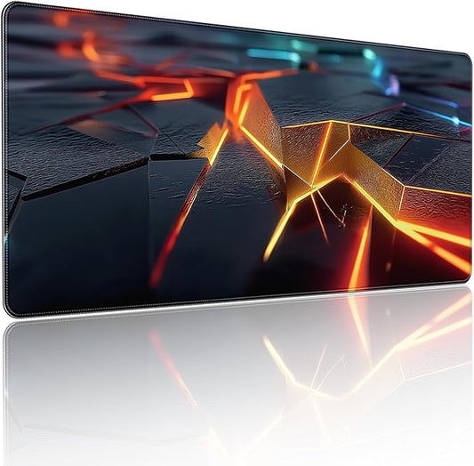 Large Gaming Mouse Pad, Abstract Geometric Orange and Blue Pattern, Extended 35.4 x 15.7 Inches, Non-Slip Rubber Base, Stitched Edges, XXL Desk Mat