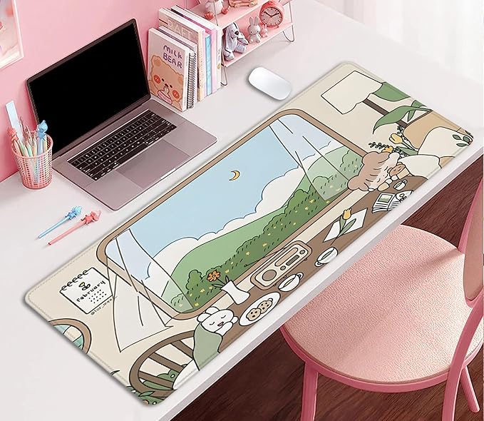 Girl and Rabbit Desktop Mouse Pad, Large Desk Mat, Cartoon Cute Gaming Mouse Pad for Computer Office Home Work (27.5X11.8 in)