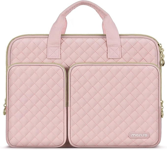 MOSISO 360 Protective Laptop Case 14 inch, 14 inch Laptop Sleeve Compatible with HP Lenovo Dell ASUS Acer, HP Stream, Dell Latitude, Square Quilted Bag Cover with 2 Pockets&Handle&Belt, Chalk Pink