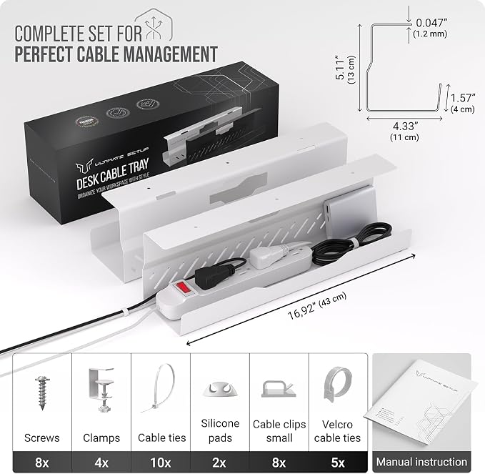 Under Desk Cable Management Tray no Drill – Wire Management - Cord Organizer – Huge Load Capacity – Under Desk Cable Tray no Drill (White, 2 Pieces Set) - Image 6