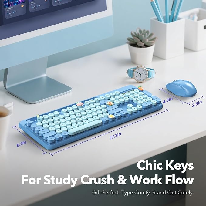 Wireless Keyboard and Mouse Combo, Retro Round Keycaps, Full-Size Cute Typewriter Keyboard with Large Phone/Tablet Holder, Auto-Sleep, 2.4GHz Cordless Connection for Windows/PC/Laptop (Sky Blue)