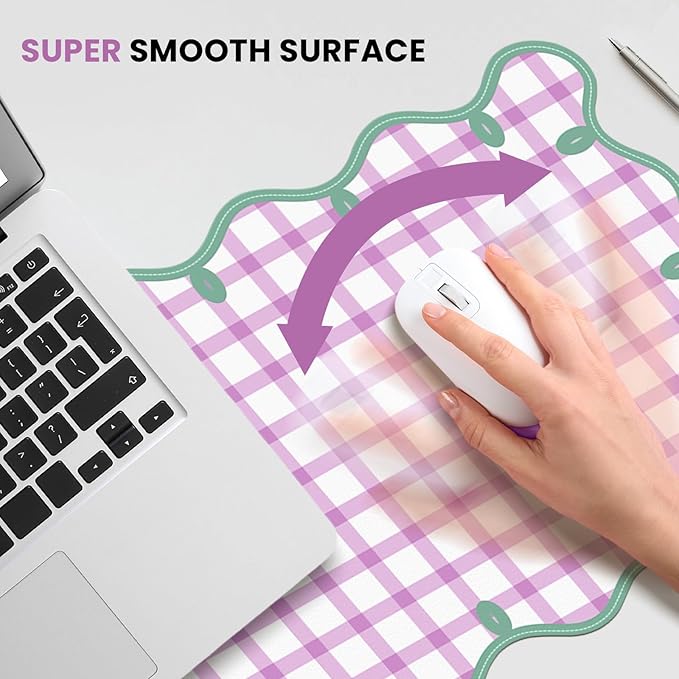 Leather Desk Pad, Desk Mat Mouse Pad, Non-Slip Mousepad Waterproof PU Table Blotter for Computer Laptop Extra Large Keyboard Mat for Women Girl Office Home Dorm, Green Scalloped +Hot Pink Checkered