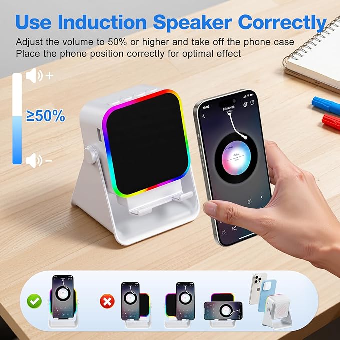 TARKARI Wireless Induction Speaker, 5 in 1 Bluetooth Speaker with Cell Phone Stand, HD Stereo Sound Compatible with iPhone iPad Android Tablet, Birthday Gifts for Women Men Him